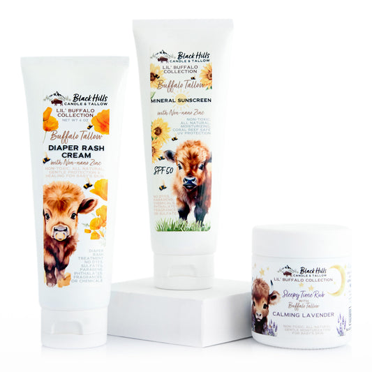 Lil' Buffalo Collection Bundle: Buffalo Tallow Sleepy Time Rub, Diaper Rash Cream & Mineral Sunscreen